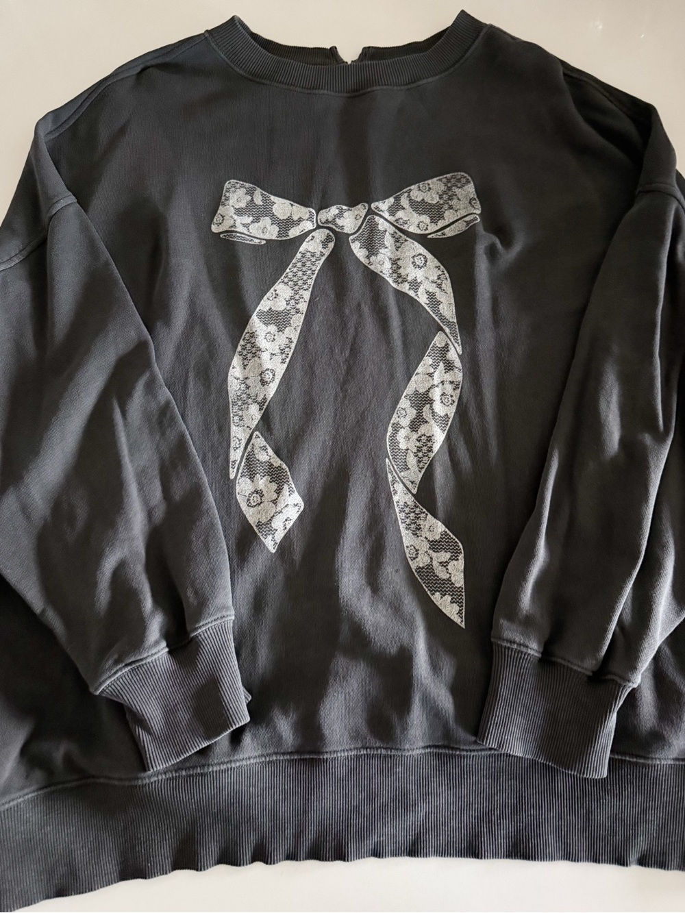aerie Black Crewneck Sweatshirt with White Lace Bow Graphic